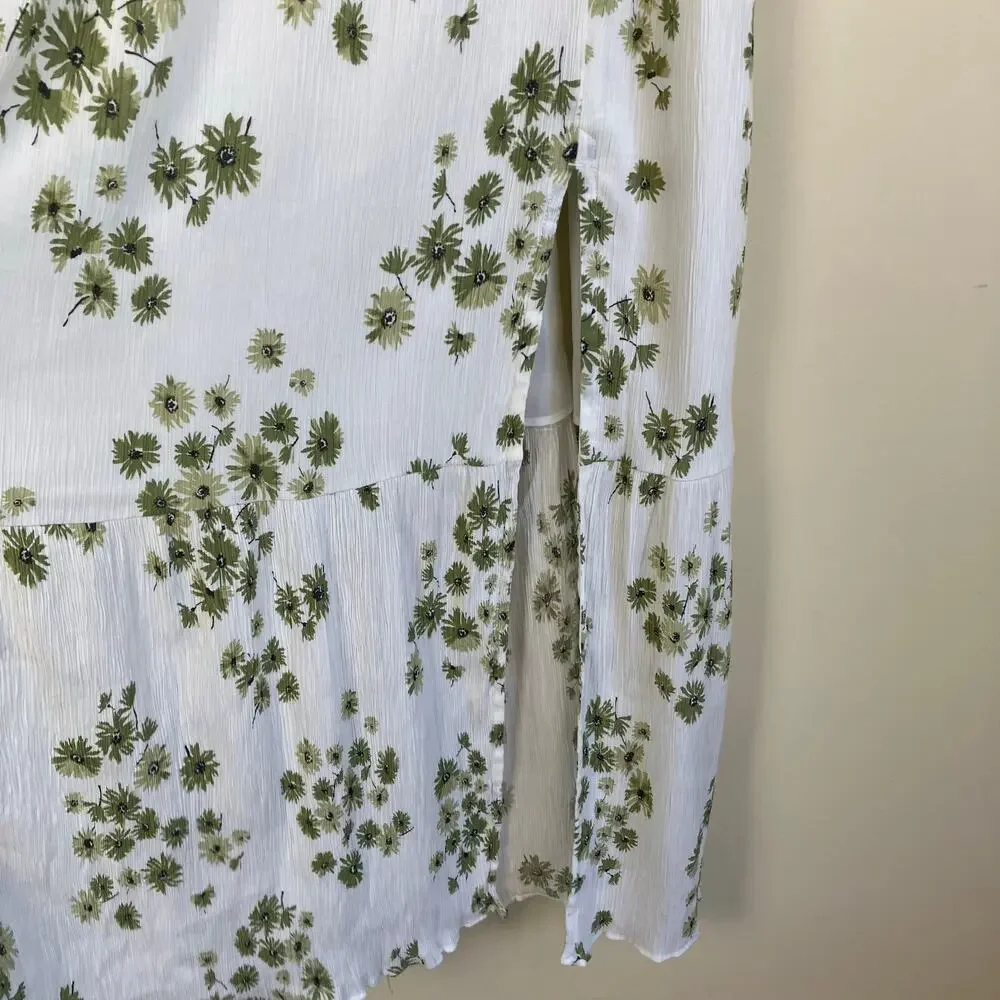 Abercrombie & Fitch Sz XL Babydoll Maxi Dress White Green Floral Crinkle